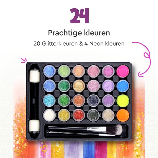Partizzle Set complet de tatouages pailletés - Filles / Garçons - Gabarits de maquillage, colle et pinceaux - Kit d'artisanat pour faux tatouages au néon - Cadeau de carnaval pour les enfants - 24 couleurs / Biodégradable