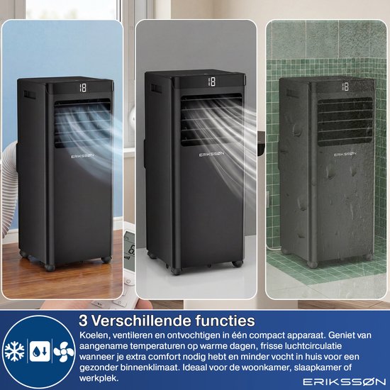 Climatiseur portable Eriksson - 10 000 BTU - Kit d'étanchéité pour fenêtre inclus - Jusqu'à 30 m² - 4-en-1 - Climatisation - Ventilateur - Déshumidificateur - Noir