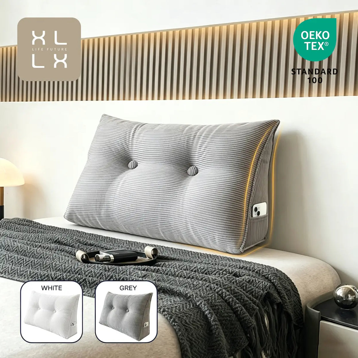 Coussin de dossier et de lecture Xllx - Housse lavable et poche latérale - 80 × 50 × 20 cm - Gris