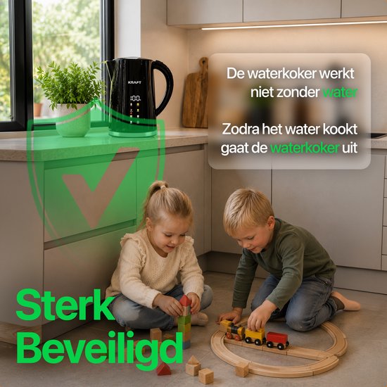 Bouilloire électrique KRAFT avec réglage de la température - 1,7 litre - Écran tactile LED - Noir - 2 200 W