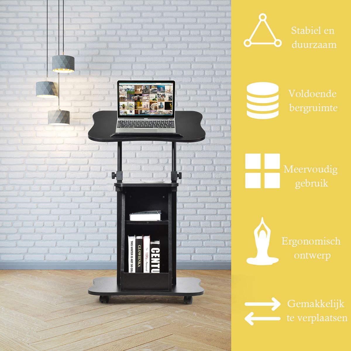 Chariot pour ordinateur portable Coast - réglable en hauteur - plateau inclinable - avec espace de rangement - noir