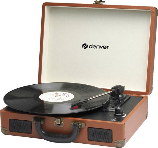 Platine vinyle rétro - Denver VPL120 - Haut-parleurs intégrés - Numérisation USB - 3 vitesses - Mallette portable - Marron