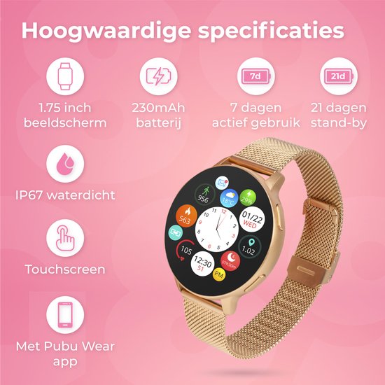 Nuvance Smartwatch Ladies - avec bracelet en acier inoxydable et en silicone - mesure le sport, le sommeil et le corps - or rose