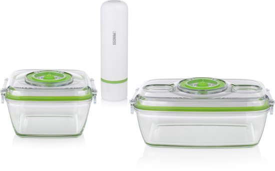 Princess 492985 Boîtes de conservation - Kit de mise sous vide – 2 récipients en verre allant au four et de conservation avec deux couvercles en plastique - Pompe à vide électrique