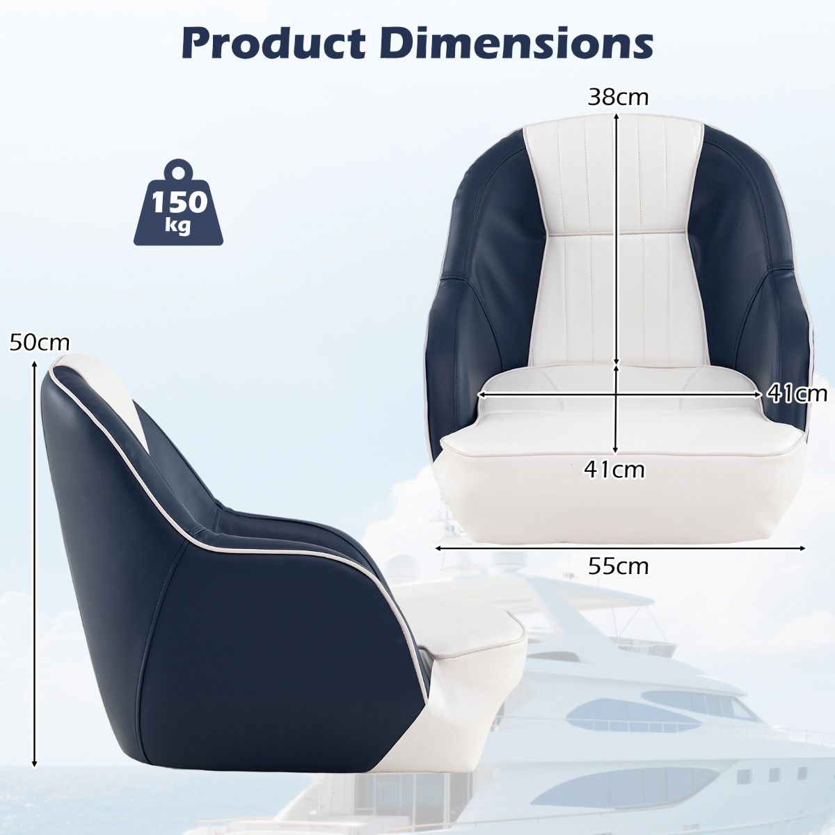 Siège de capitaine Coast pour bateau - rembourrage en mousse épaisse - cuir PVC imperméable - bleu et blanc