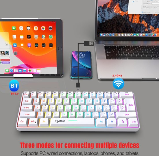 HXSJ L500 - Clavier gaming sans fil - RGB - Tri-mode - Claviers QWERTY - Blanc
