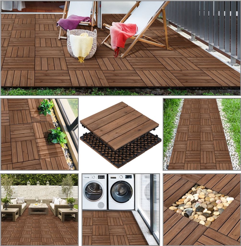 Dalles en bois à emboîter Yaheetech - 11 pièces - Environ 1 m² - 30 x 30 cm - Marron