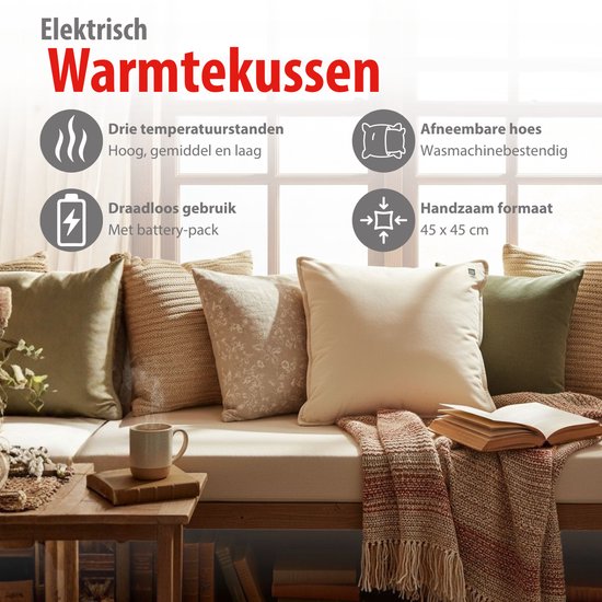 Coussin chauffant Alpina rechargeable avec batterie externe – Coussin chauffant électrique à 3 niveaux de chaleur – Coussin chauffant avec housse en polaire – 45 x 45 cm – Beige