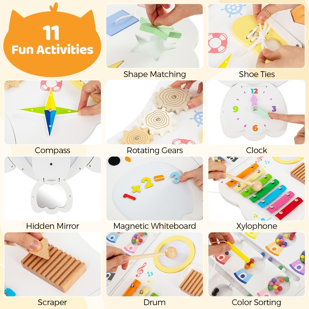 Panneau d'activités mural Coast « Chouette » - Panneau d'activités éducatif 11-en-1 - Jouet Montessori - blanc