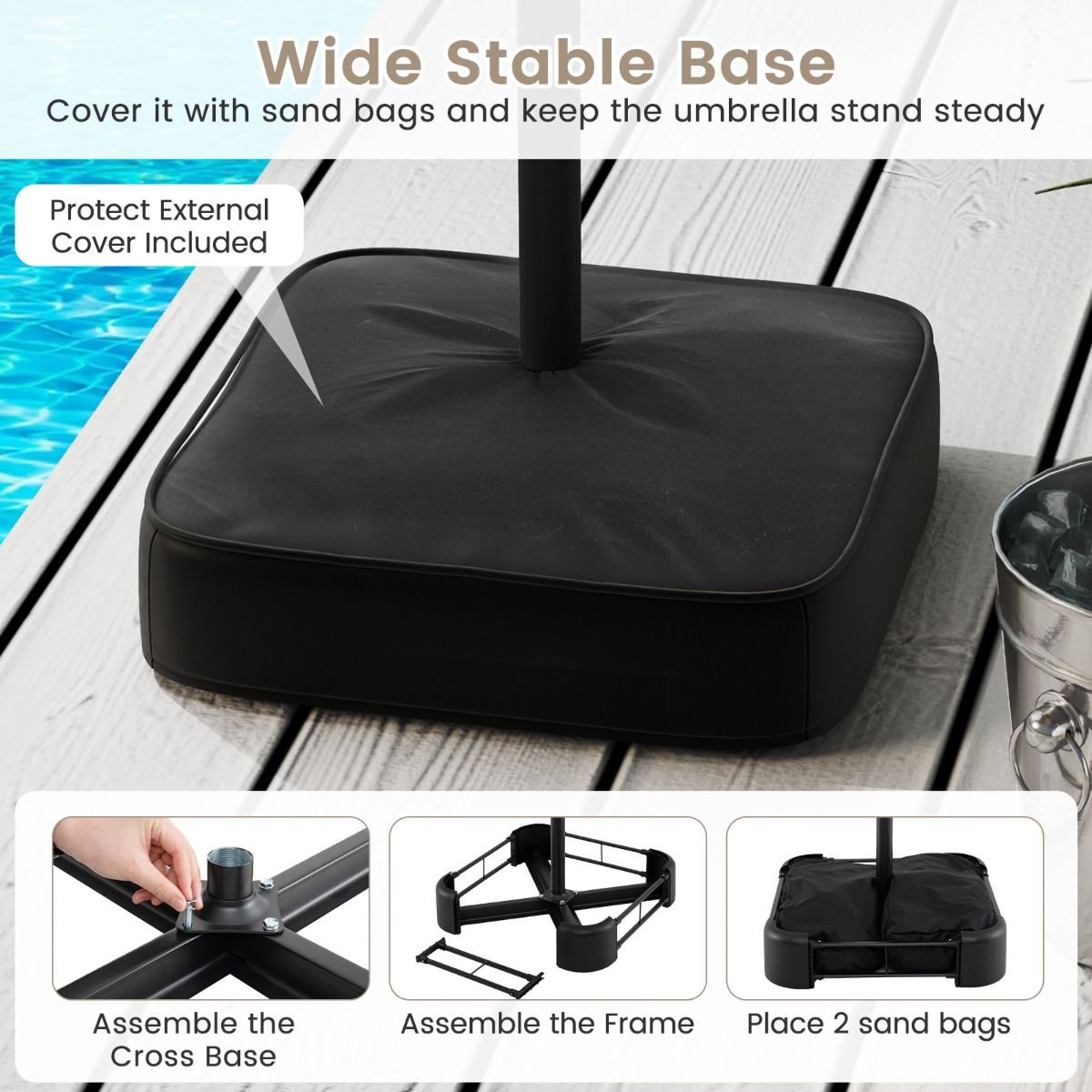 Parasol double Coast - socle métallique stable - 12 baleines - beige