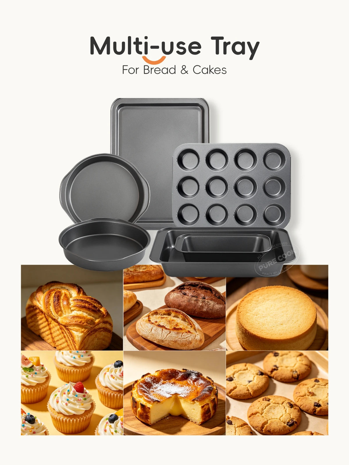 Ensemble de cuisine PURE COOK, 8 pièces - Gris - Acier au carbone antiadhésif - Moules à gâteaux, moule à pain, moule à muffins, plaque de cuisson