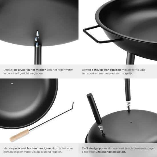 tectake® Brasero Diablo - Acier résistant à la chaleur - Brasero avec tisonnier - Ø 57,5 cm - Foyer de jardin - Foyer d'ambiance d'extérieur - Avec poignées et système d'évacuation de l'eau - Pour le bois de chauffage et le charbon de bois