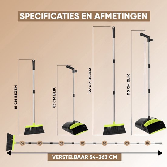 TTD® Balai et pelle à poussière avec long manche XXL - réglable 54-263 cm - Balai - manche de balai - vert et noir - balai et pelle à poussière - poubelle pour l'intérieur et l'extérieur - dents de nettoyage intégrées
