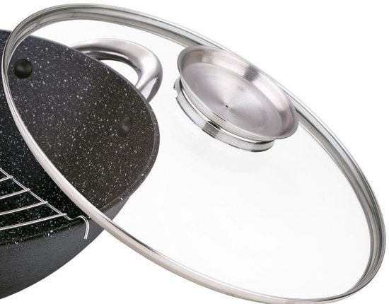 Wok en fonte 28 cm – Sans PFAS – Bouton aromatique – Couvercle – Induction – Wok Wasabi