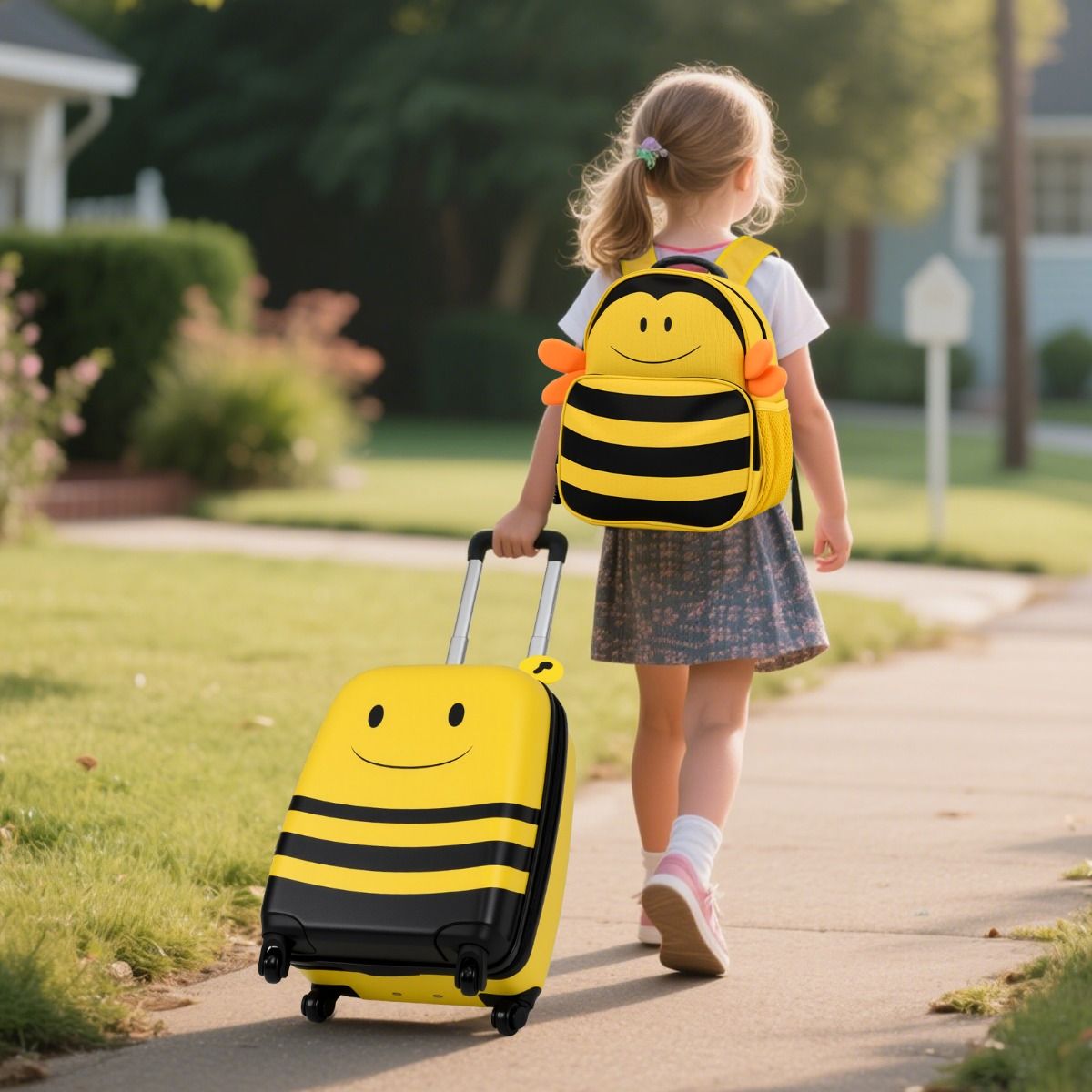 Ensemble valise et sac à dos pour enfant Coast - Thème des abeilles - Avec roulettes et cordon anti-perte - Jaune