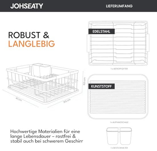 JOHSEATY porte-vaisselle avec poignée en bois - 42 x 32 cm, inoxydable avec porte-couverts, porte-vaisselle, porte-vaisselle, porte-vaisselle de cuisine, porte-vaisselle