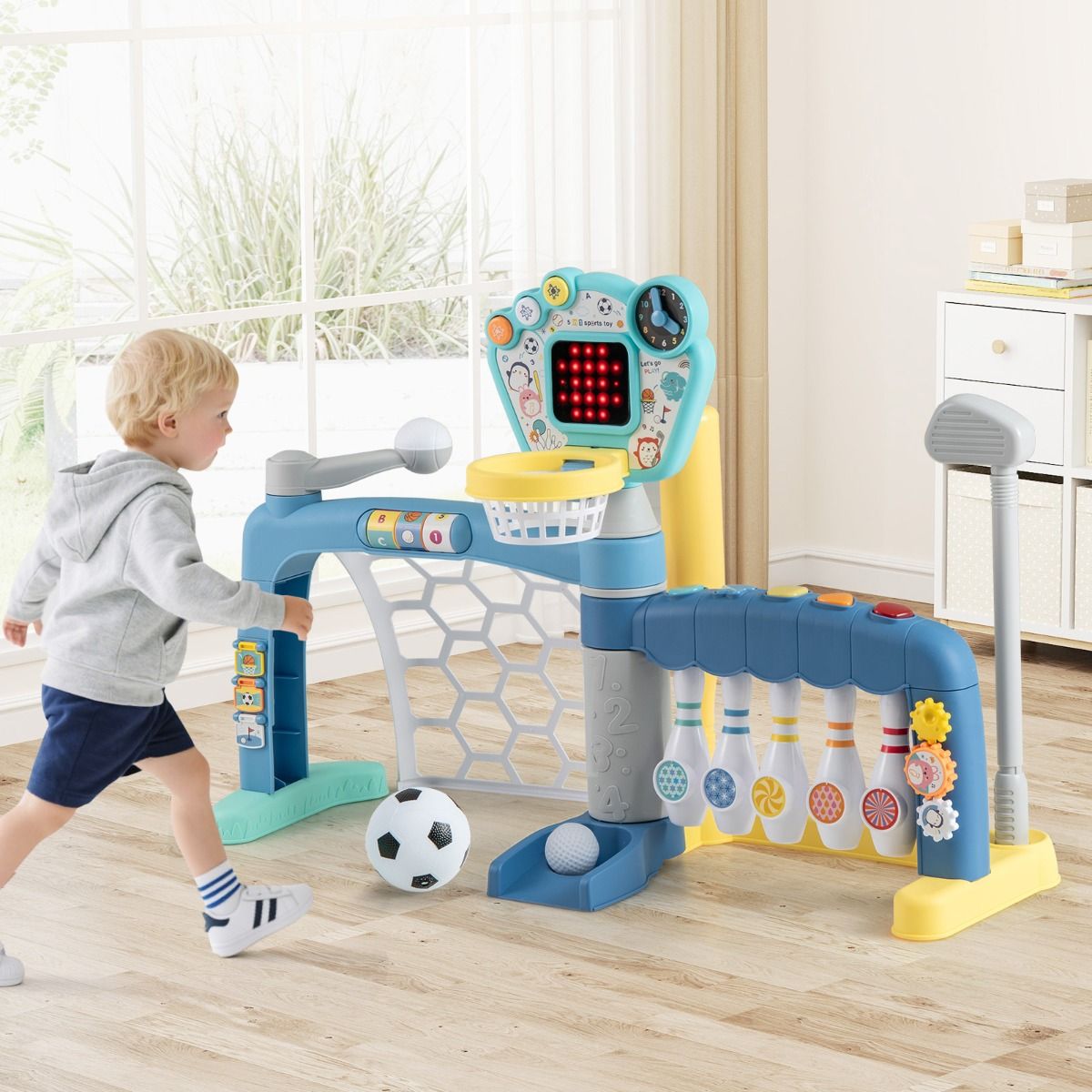 Jouet sportif 5-en-1 Coast pour tout-petits - panier de basket, cage de foot, golf, bowling, baseball - multicolore