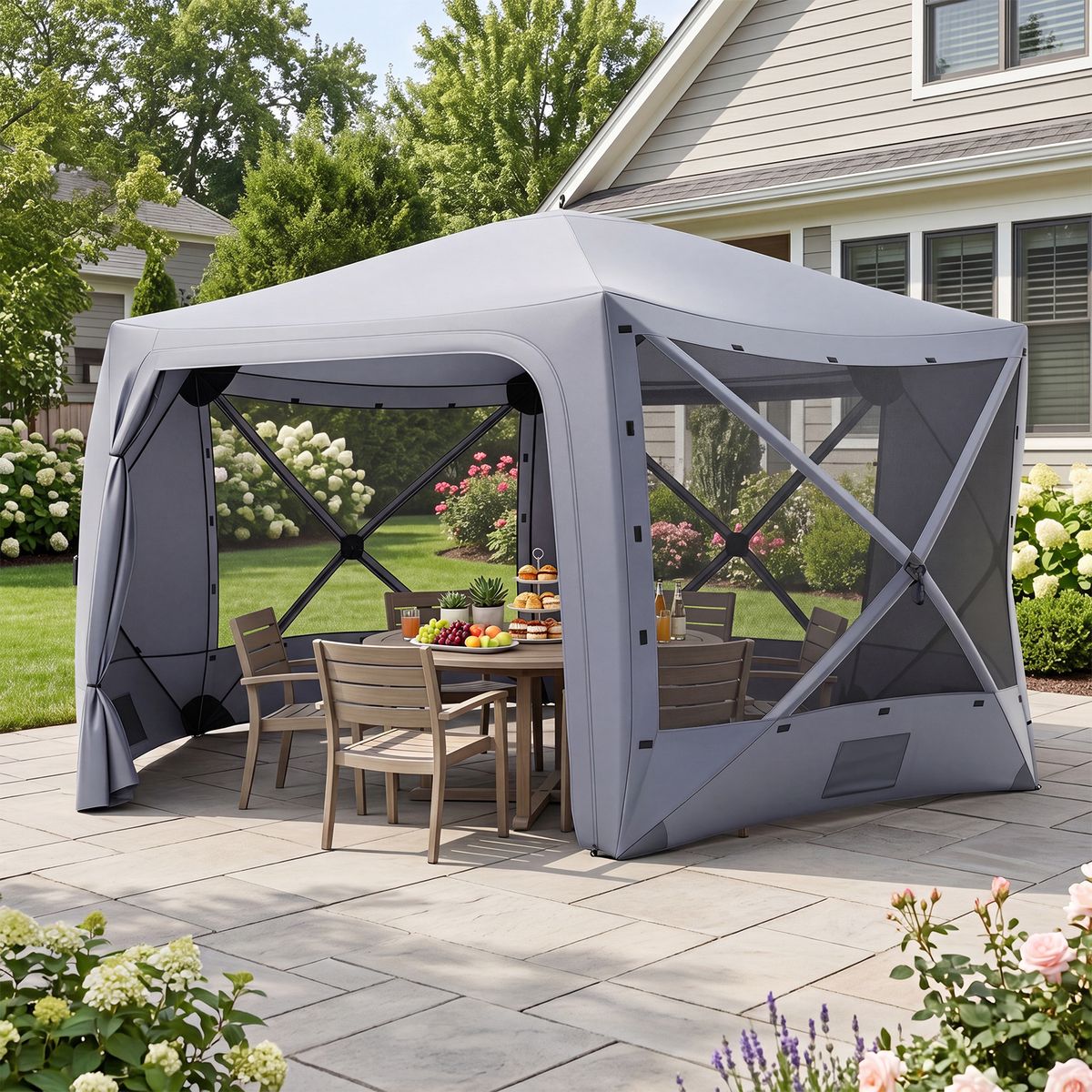 Pavillon de jardin éphémère Coast - hexagonal - avec 6 parois latérales et des moustiquaires - gris 427 x 427 cm