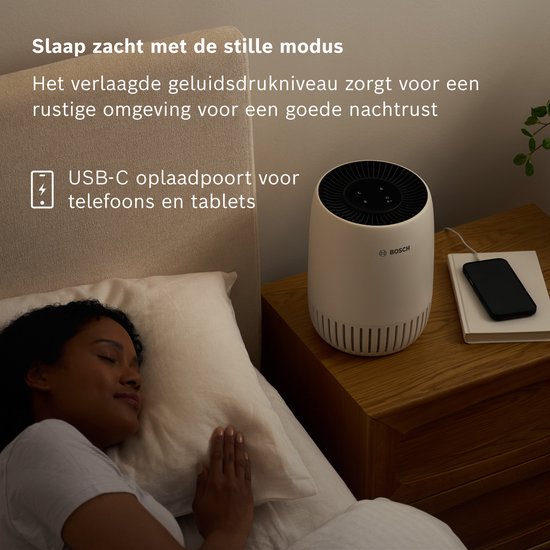 Purificateur d'air Bosch Air 500 - élimine les polluants, comprend un filtre à air et un mode silencieux (< 25 dB(A)). - pour les pièces jusqu'à 23 m² - avec port de charge USB-C CADR 100 m³/h