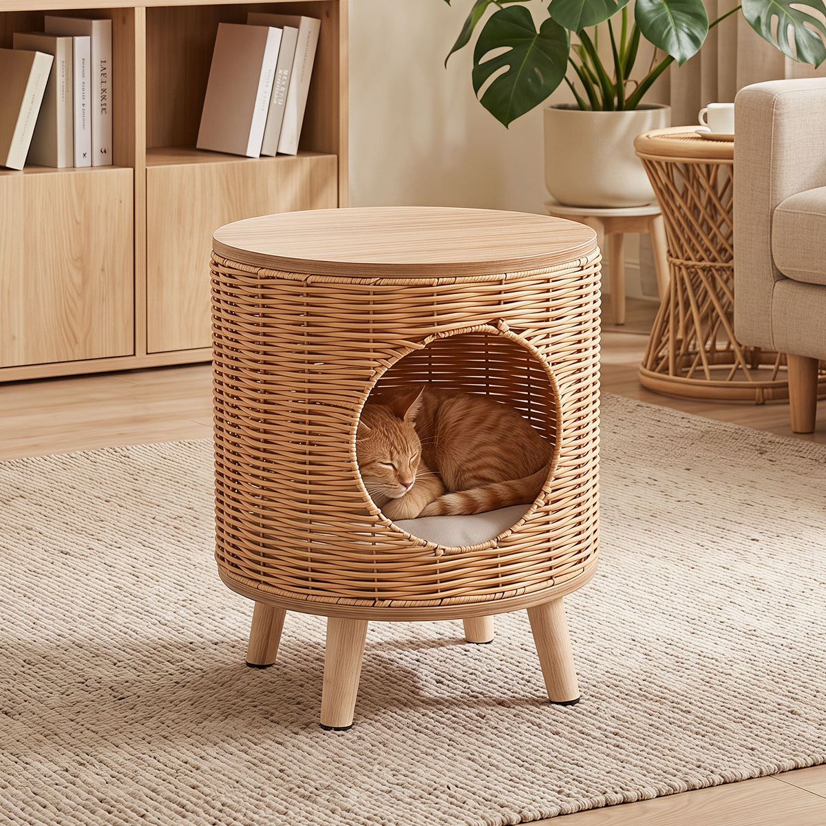 Coast Maison pour chat avec structure en rotin - coussin amovible - sur pieds - couleur naturelle - 36 x 41 cm