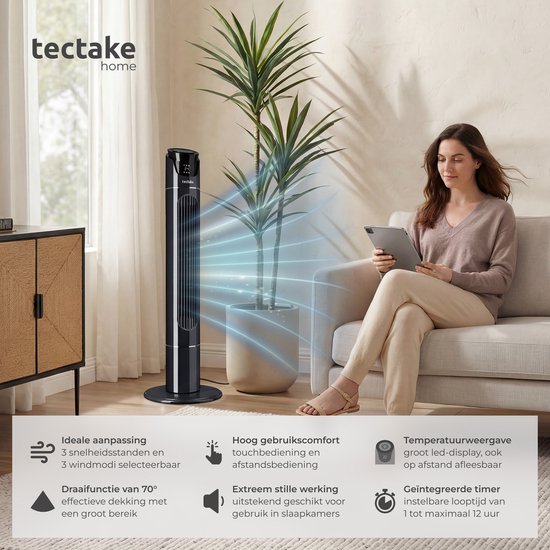tectake® Grand ventilateur avec télécommande - 110 cm - Ventilateur oscillant à 3 vitesses - Ventilateur colonne - Ventilateur sur pied silencieux avec différents modes de ventilation + minuterie - Rafraîchisseur d'air - Noir