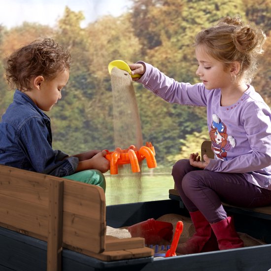 Bac à sable en bois AXI Ella, couleur anthracite/marron - Avec bancs et couvercle - Bois certifié FSC - 100 x 95 x 20 cm - Bac à sable pour enfants