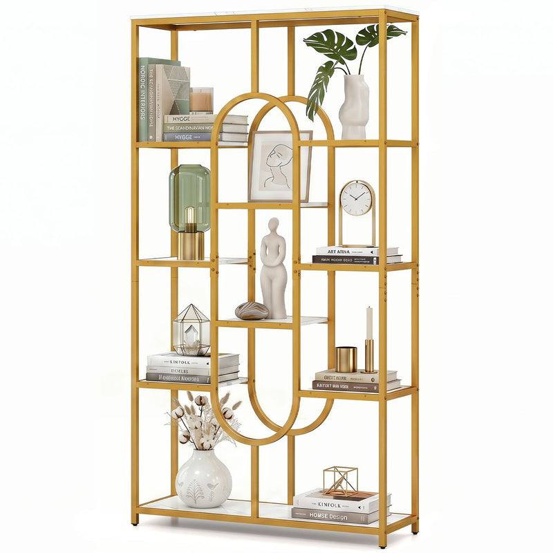 Bibliothèque Coast sur pied - Étagère ouverte à 5 niveaux - Design géométrique - Blanc et or - 95 x 30 x 175 cm