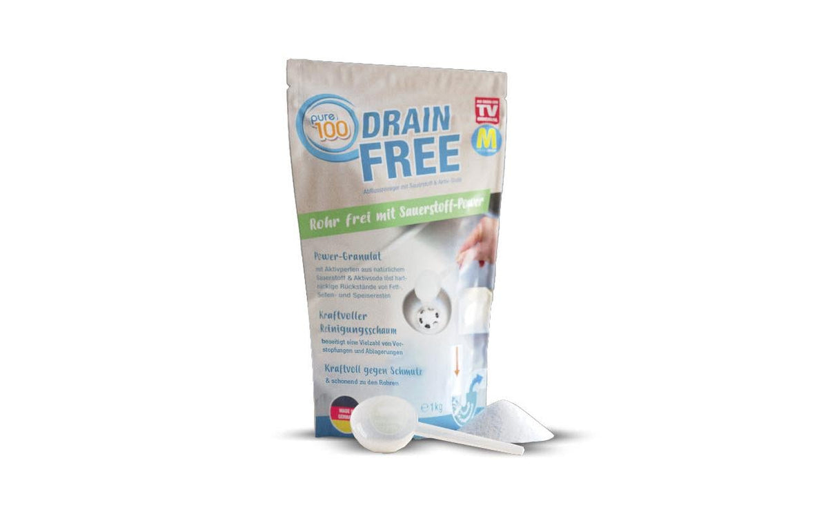 Pure100 Drainfree Déboucheur - 1 kg de granulés - 22 x 14 x 5 cm - Nettoyant puissant pour canalisations