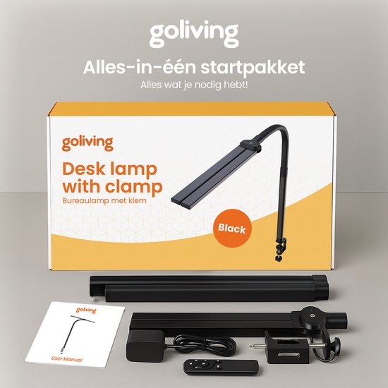 Goliving Lampe de bureau avec pince XL - 78 CM - LED dimmable avec télécommande - Lampe à pince - Lampe de table - Lampe de lecture - Flexible - Lampe LED - Touch Control - Softclose - Noir