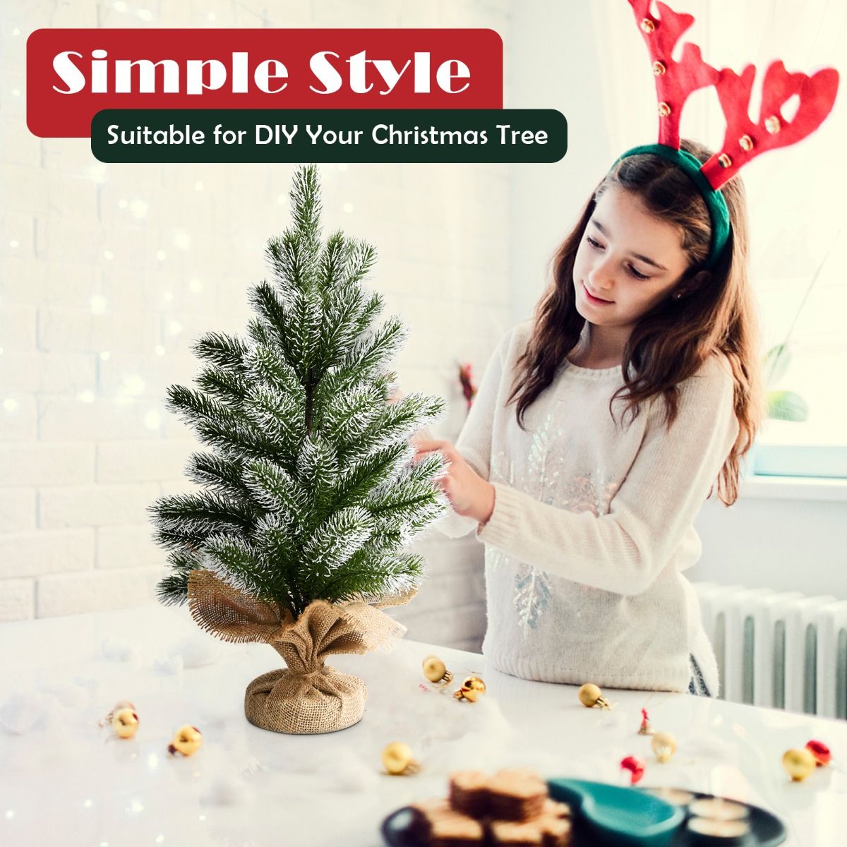 Coast Mini Arbre de Noël Artificiel - Table Top avec pied en ciment - Toile de lin - 50 cm - Vert avec blanc