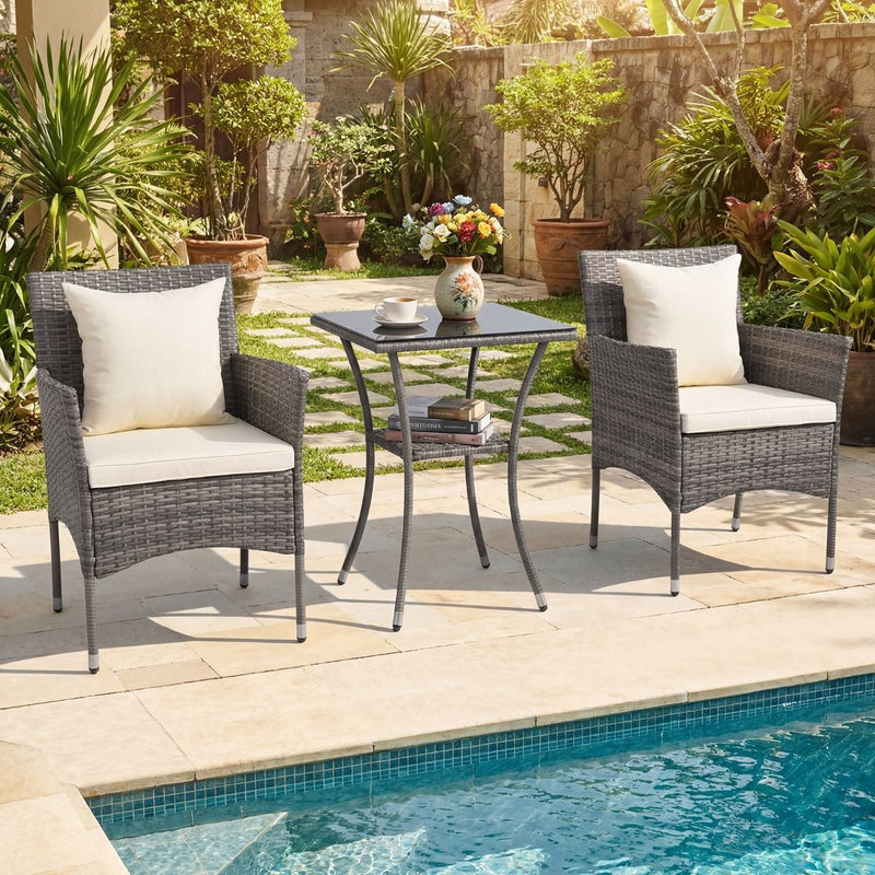 Ensemble de jardin Coast 3 pièces - 2 chaises de jardin en rotin avec coussins - table d'appoint en verre trempé - mélange de gris