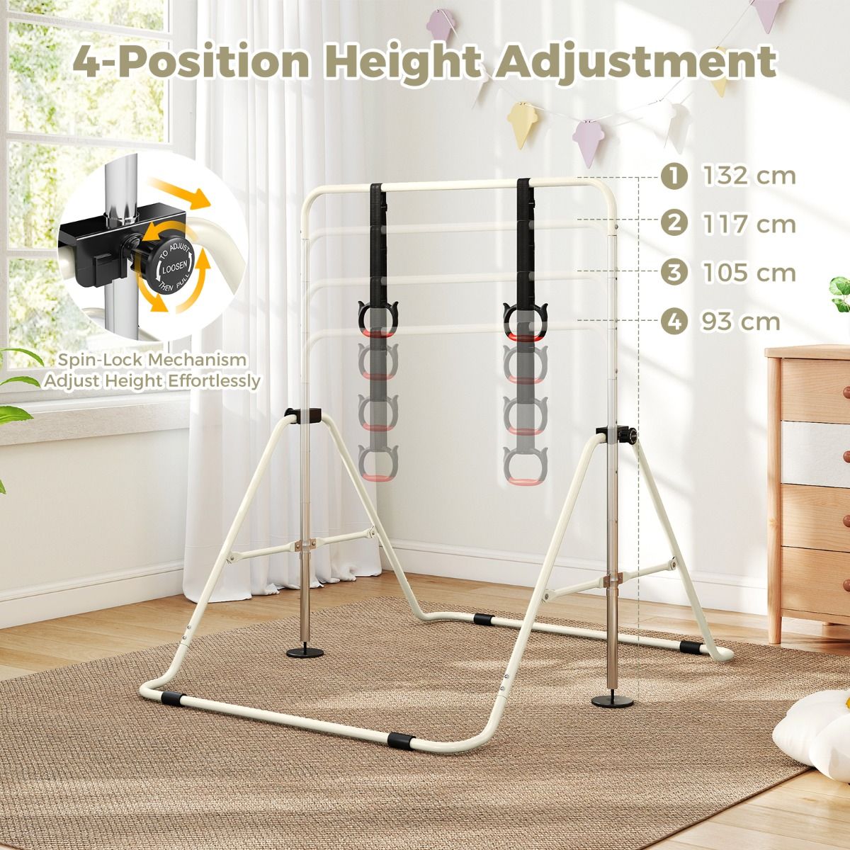 Barre de gymnastique télescopique Coast pour enfants - réglable en hauteur sur 4 niveaux - design pliable - beige