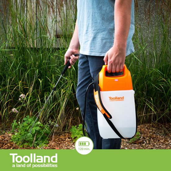 Pulvérisateur Toolland, électrique, batterie rechargeable, lance télescopique, buse réglable, sangle d'épaule, 6 litres, blanc/orange/noir