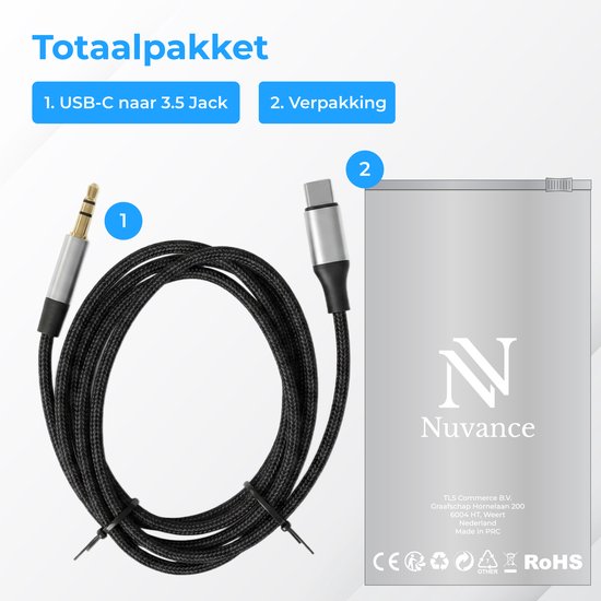 Câble Nuvance AUX vers USB-C - Câble AUX USB-C - 1 mètre - USB-C vers AUX - Nylon tressé - USB-C AUX - USB-C vers jack