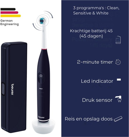 Brosse à dents électrique Beurer TB 50 - 3 programmes personnalisés : Clean, Sensitive et White - Autonomie de la batterie jusqu'à 45 jours - Livrée avec un étui de rangement, un chargeur, un adaptateur et 5 têtes de brosse - Minuterie - Testée et approuv