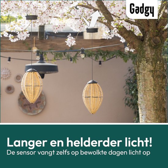 Gadgy Solar Suspension Lights Outdoor - Set of 2 - Rattan Look - LED Solar Garden Lights - Warm Light - Splashproof - Solar-powered - Suspension Light Garden Decoration