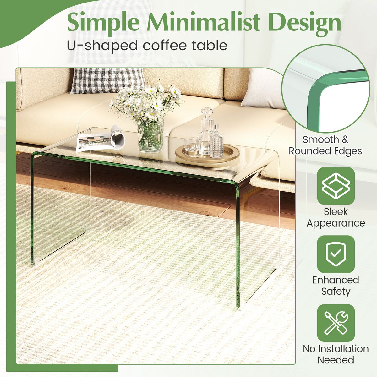 Table basse Coast - Table d'appoint en forme de U - verre trempé - 81,5 x 42 x 40 cm - transparente