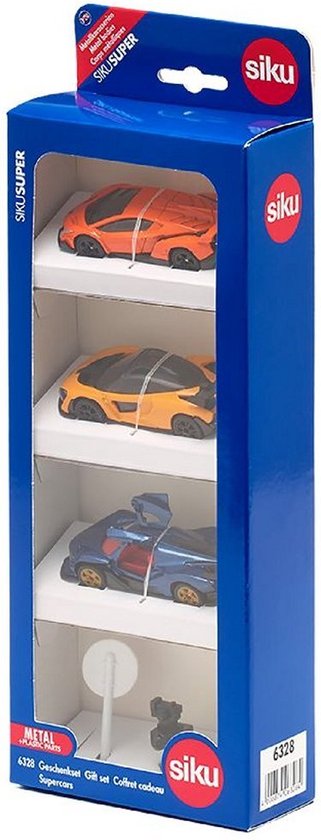 SIKU 6328, Coffret cadeau Supercars, Lamborghini Veneno, Apollo I.E., McLaren Senna, pièces articulées, avec panneau de signalisation et radar