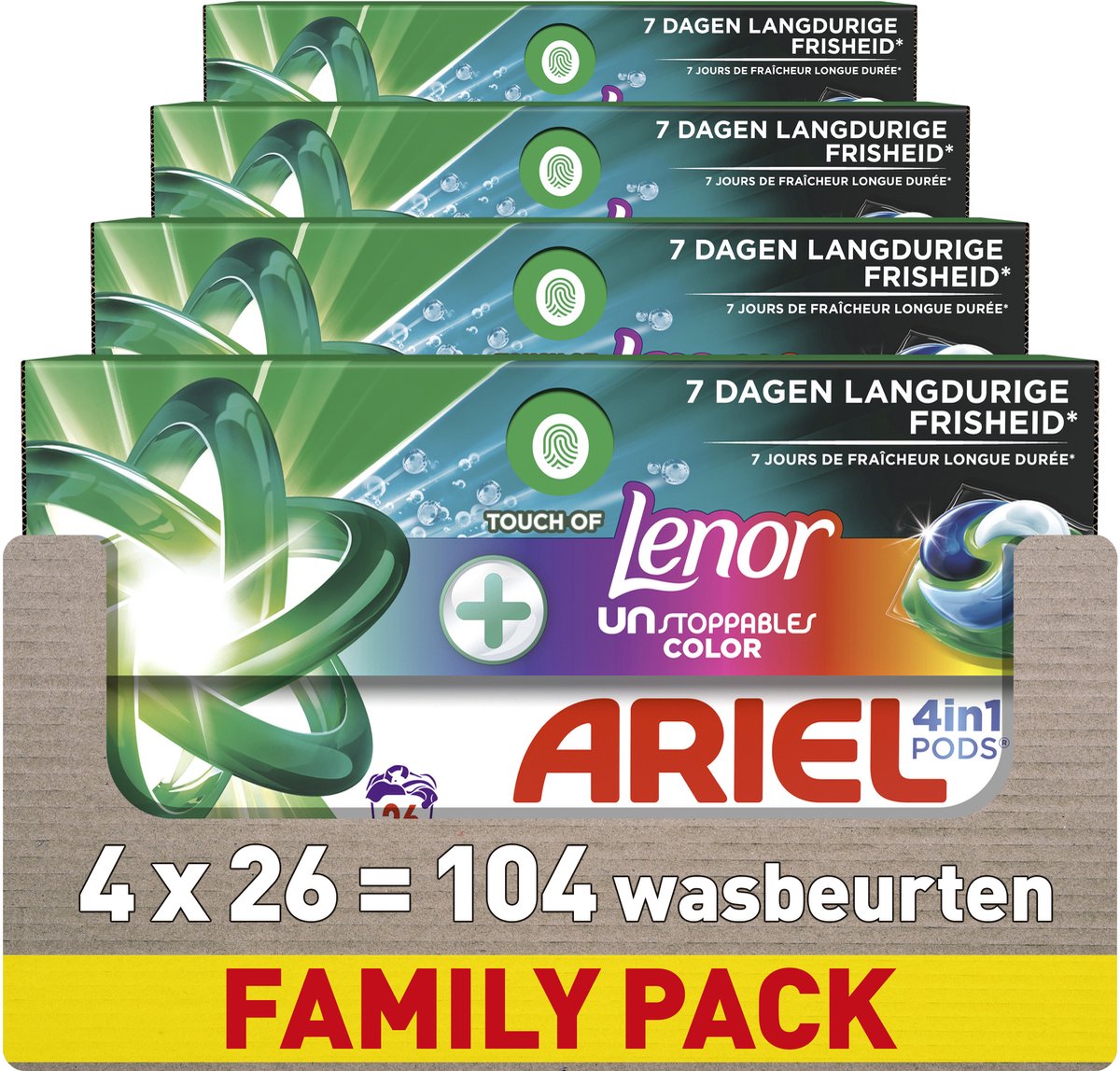 Capsules de lessive Ariel 4-en-1 Color + Lenor Unstoppables – 104 lavages – 4 x 26 capsules