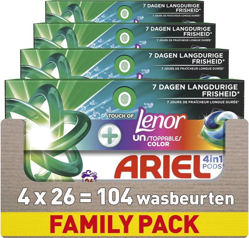 Capsules de lessive Ariel 4-en-1 Color + Lenor Unstoppables – 104 lavages – 4 x 26 capsules