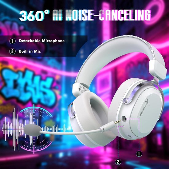 Casque de jeu sans fil ATTACK SHARK L30PRO - Son surround 7.1 - Haut-parleurs de 50 mm - Faible latence de 20 ms - Microphone amovible avec réduction du bruit - Armature en alliage d'aluminium - Connectivité tri-mode - Casque circum-auriculaire - Blanc