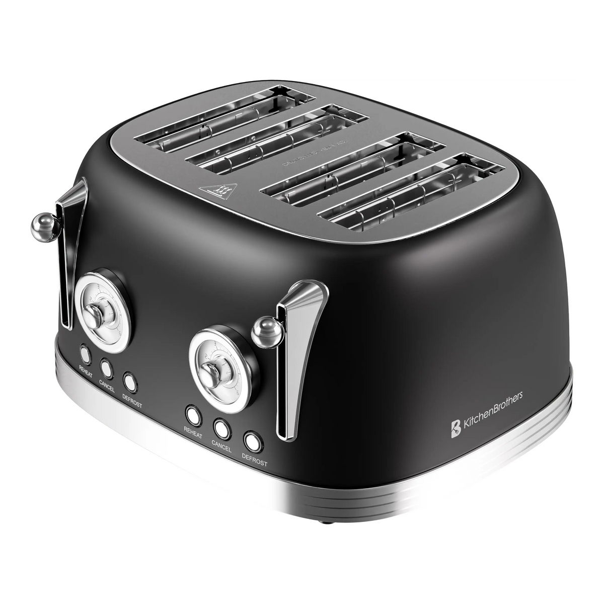 Grille-pain rétro KitchenBrothers à 4 fentes – Noir mat – 6 niveaux de brunissage