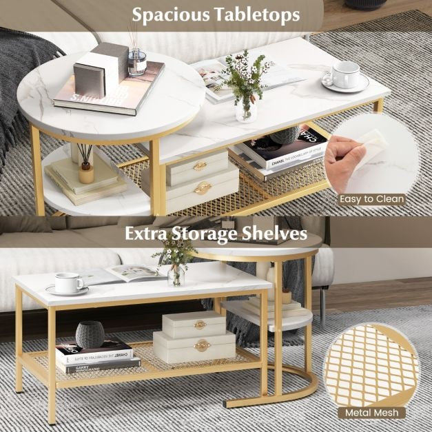 Coast Set de 2 tables d'appoint - Tables basses avec structure en métal doré - Max. 50KG - Or/Blanc