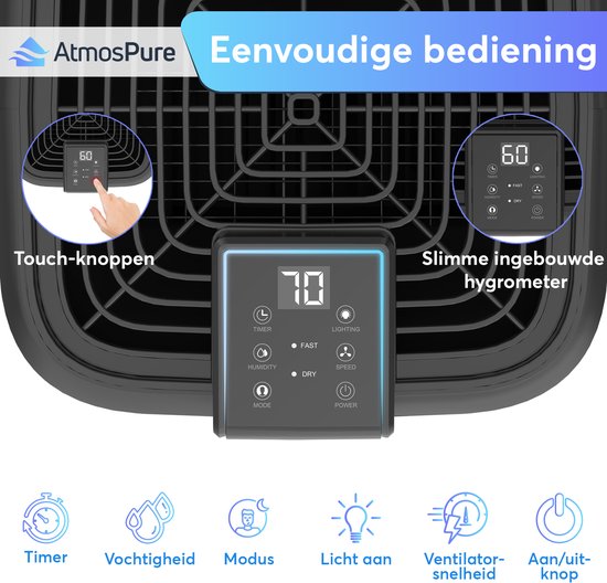 Déshumidificateur AtmosPure® AirDry Elite - 12 L par jour - Fonction « lavage-séchage » - Purificateur d'air idéal pour la buanderie, la salle de bains, le salon et la cave - Noir - Déshumidificateur