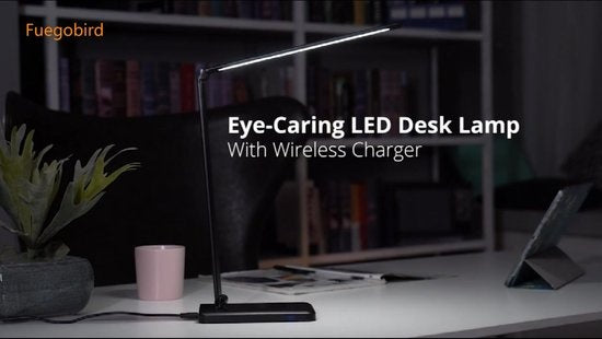 Fuegobird EK009 Lampe de bureau LED - Filaire - Chargement sans fil pour téléphone - Dimmable - Pliable - Smart Touch - Technologie Qi - Noir