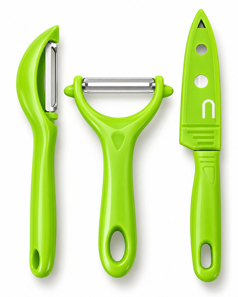 Set de couteaux Peel & Cut, 3 pièces - 2 éplucheurs/1 couteau - Étui de protection - Vert