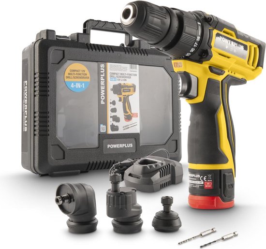 Tournevis multifonction compact 4-en-1 12 V POWXBOX001 – avec batterie 12 V et chargeur 2,0 Ah