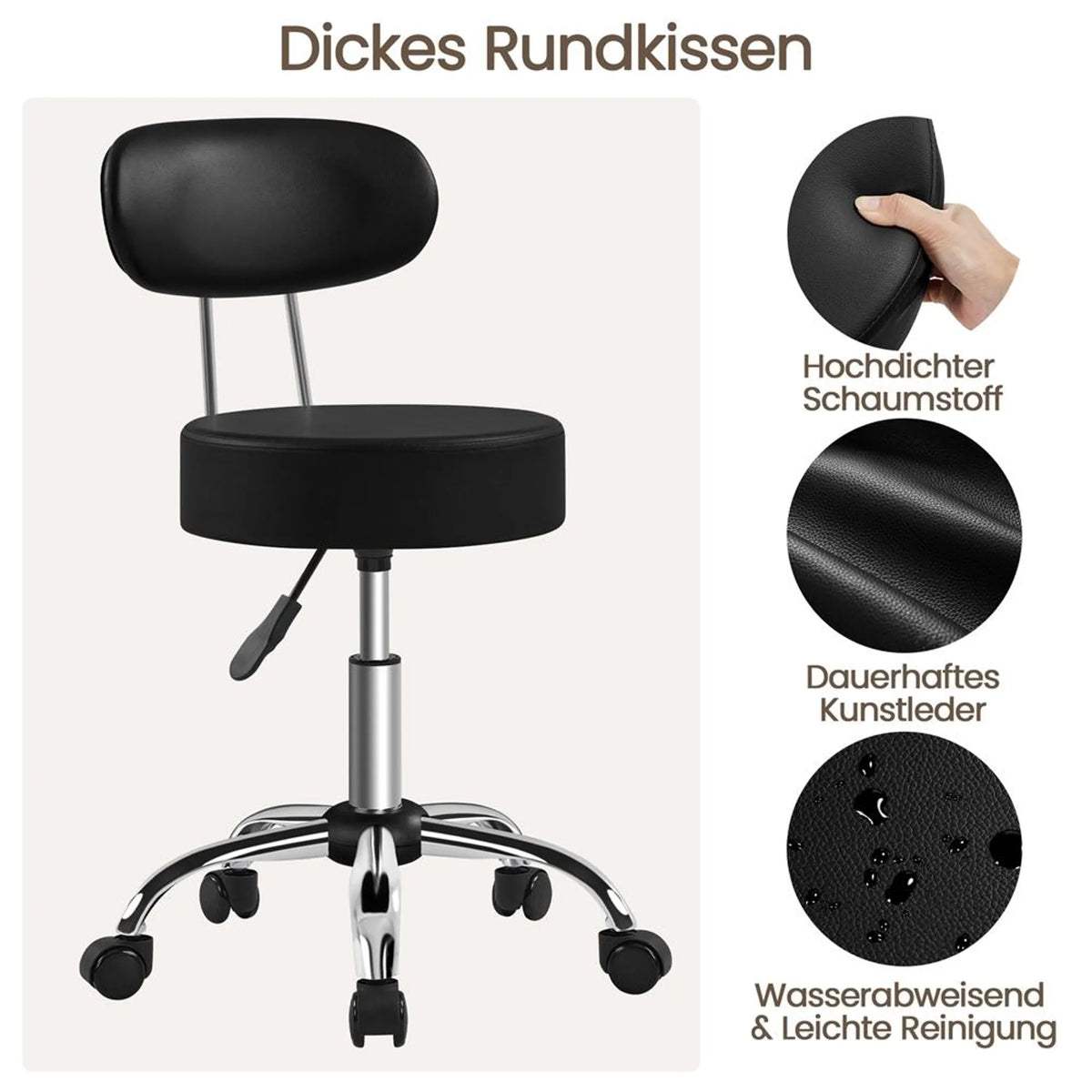 Yaheetech Tabouret de maquillage - 52 x 44,5 x 75,5-85 cm - équipé d'un coussin d'assise de 10 cm d'épaisseur et d'une rotation à 360° et d'une structure en métal chromé - pour salon et coiffeuse - simili cuir noir et métal