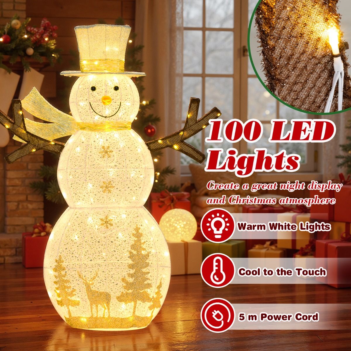 Décoration de Noël « Bonhomme de neige » Coast LED - 100 ampoules LED blanc chaud - 141 cm de haut - avec chapeau et écharpe - blanc
