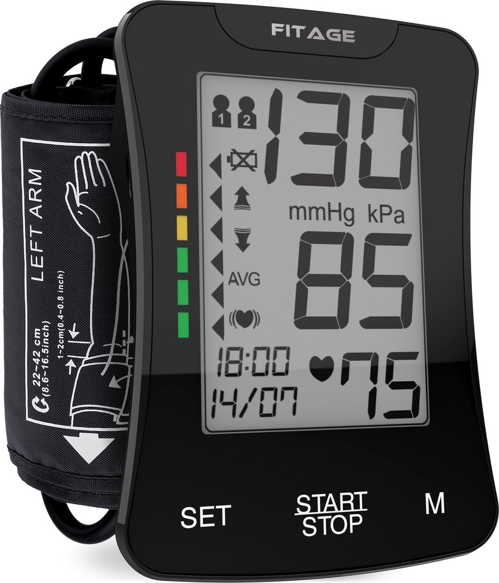 FITAGE - Tensiomètre médical -  Moniteur de Pression Artérielle - Fréquence Cardiaque - Brassard 22 à 42cm - Noir